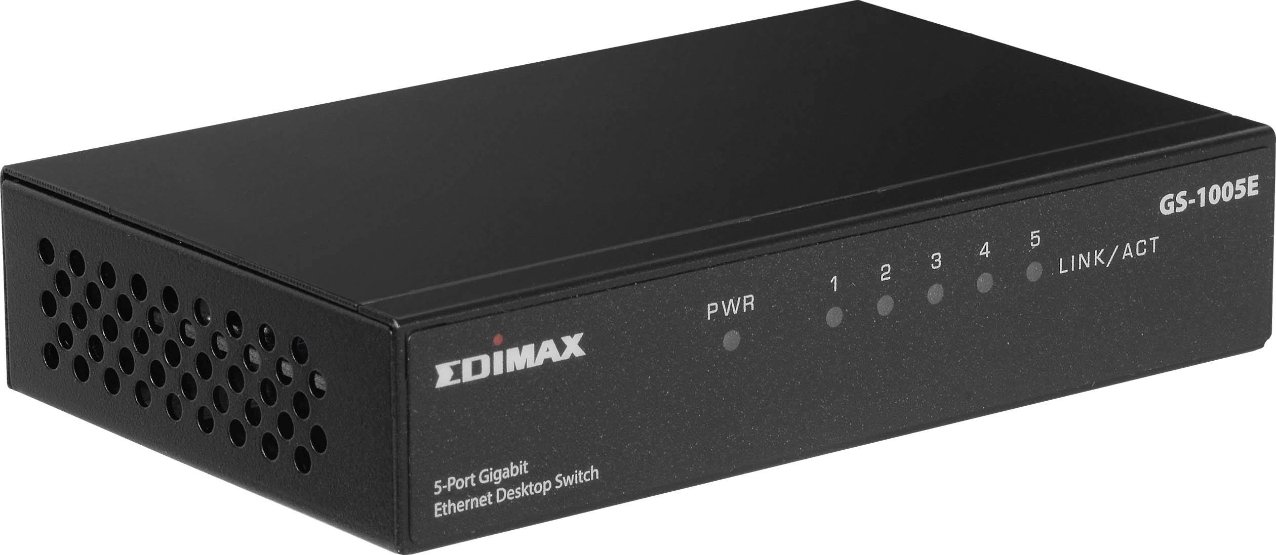 Zwarte 5-poorts Gigabit Ethernet desktopswitch met bedrijfslogo, modelnummer en LED-indicatoren voor stroom en netwerkactiviteit.