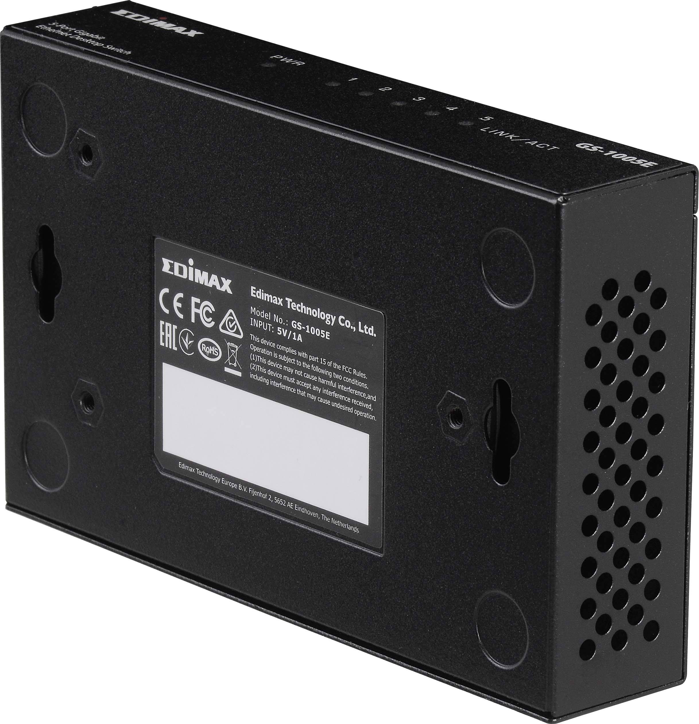 Een zwarte Edimax-netswitch met aansluitingen en een serienummeretikket. Bedrijfsnaam en modelnummer zijn zichtbaar.