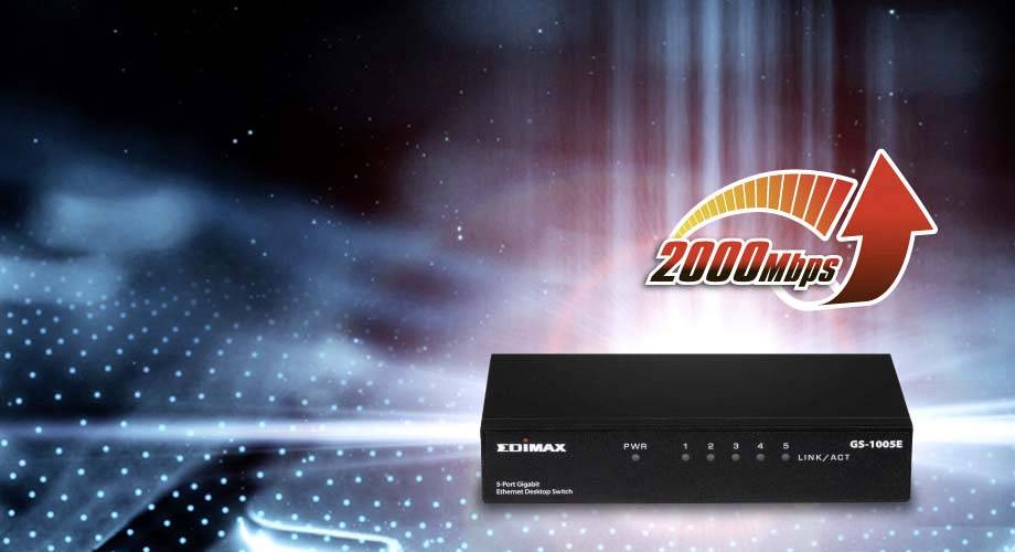 'Edimax'-schakelaar met zwarte behuizing tegen een futuristische achtergrond en '2000 Mbps'-tekst met rode pijl omhoog.