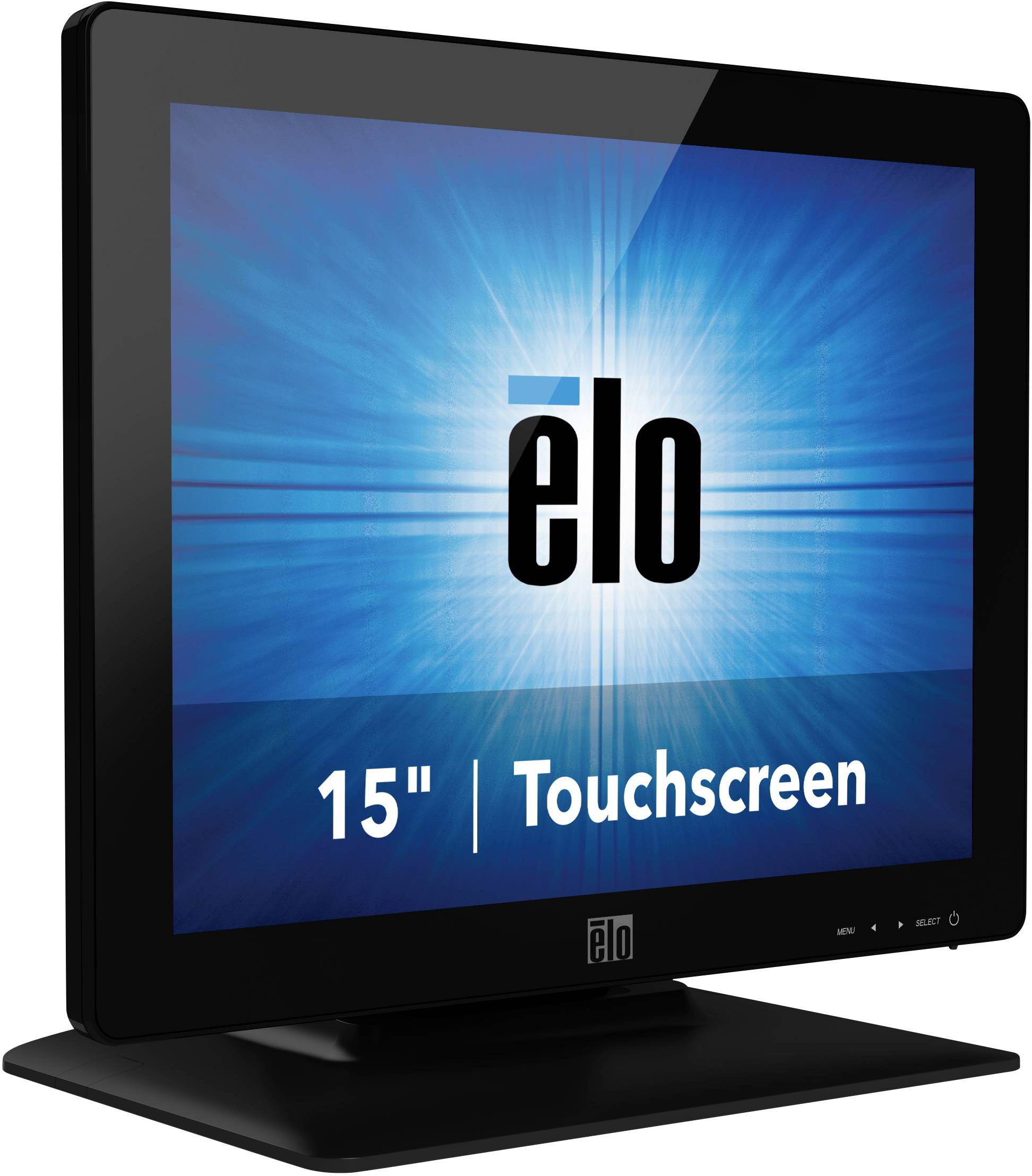 Een zwarte monitor met het opschrift 'elo 15" Touchscreen' op het scherm, omgeven door een blauwe achtergrond.