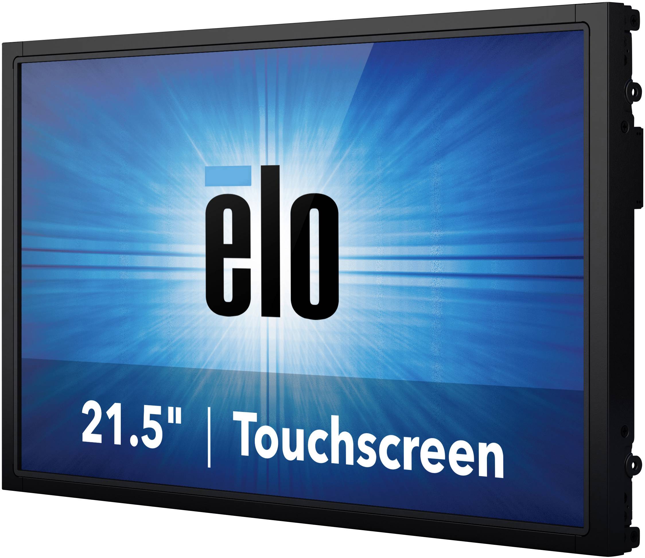 Een 21,5 inch groot touchscreen-display van Elo met een blauwe achtergrond en het Elo-logo in het midden.