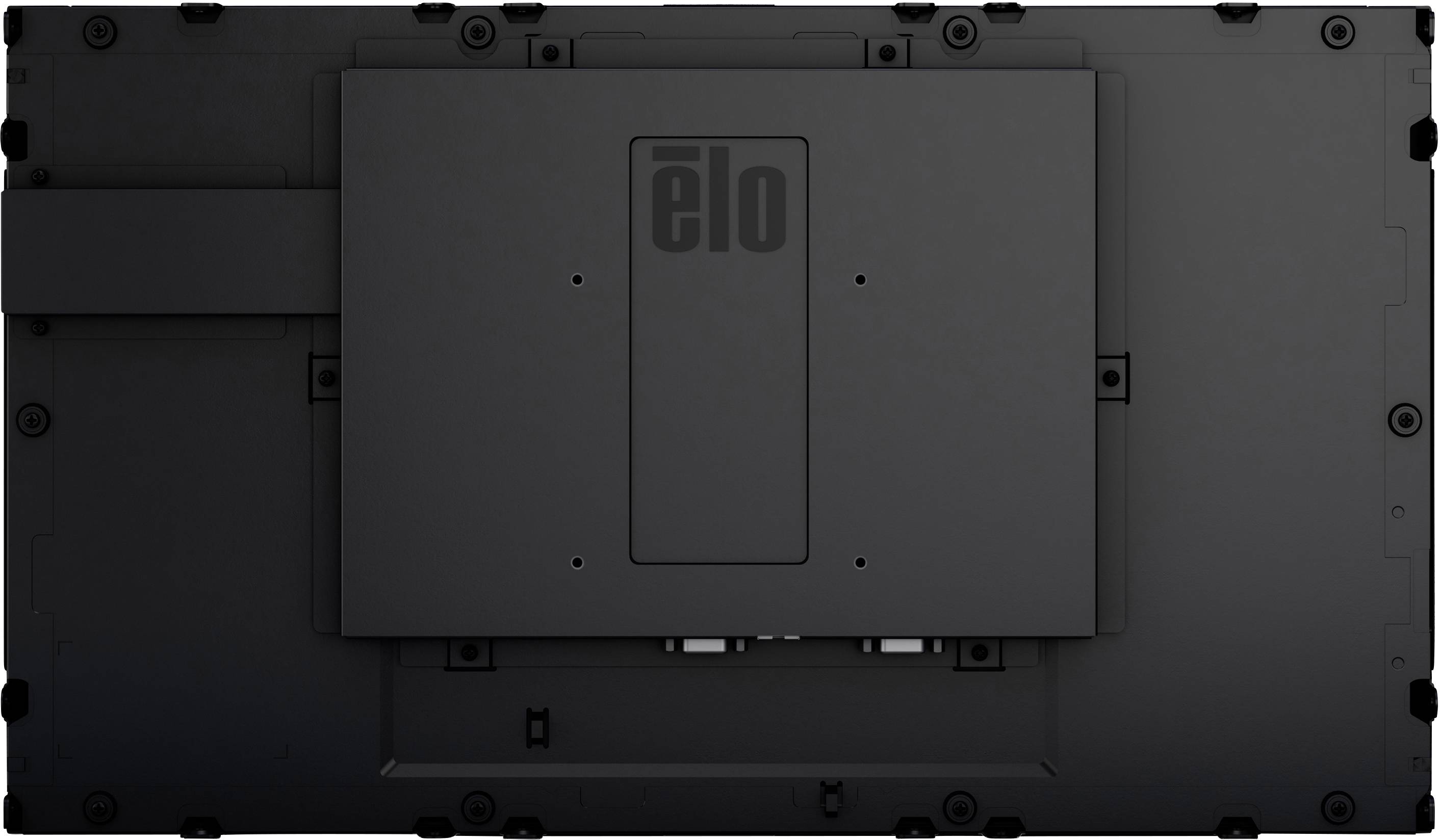 Achterkant van een zwarte monitor met het merkenlogo in het midden. Schroefgaten en montagegebieden zijn zichtbaar.