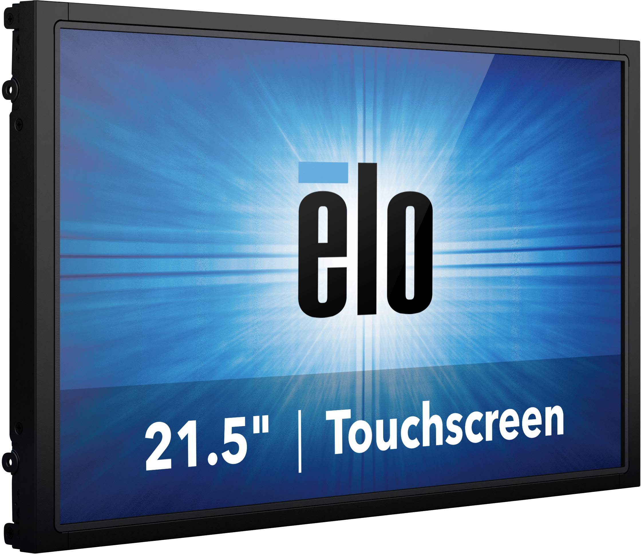 'elo' logo op blauwe achtergrond met de tekst '21,5" Touchscreen'. Het scherm wordt gepresenteerd als een veelzijdig inzetbaar display.