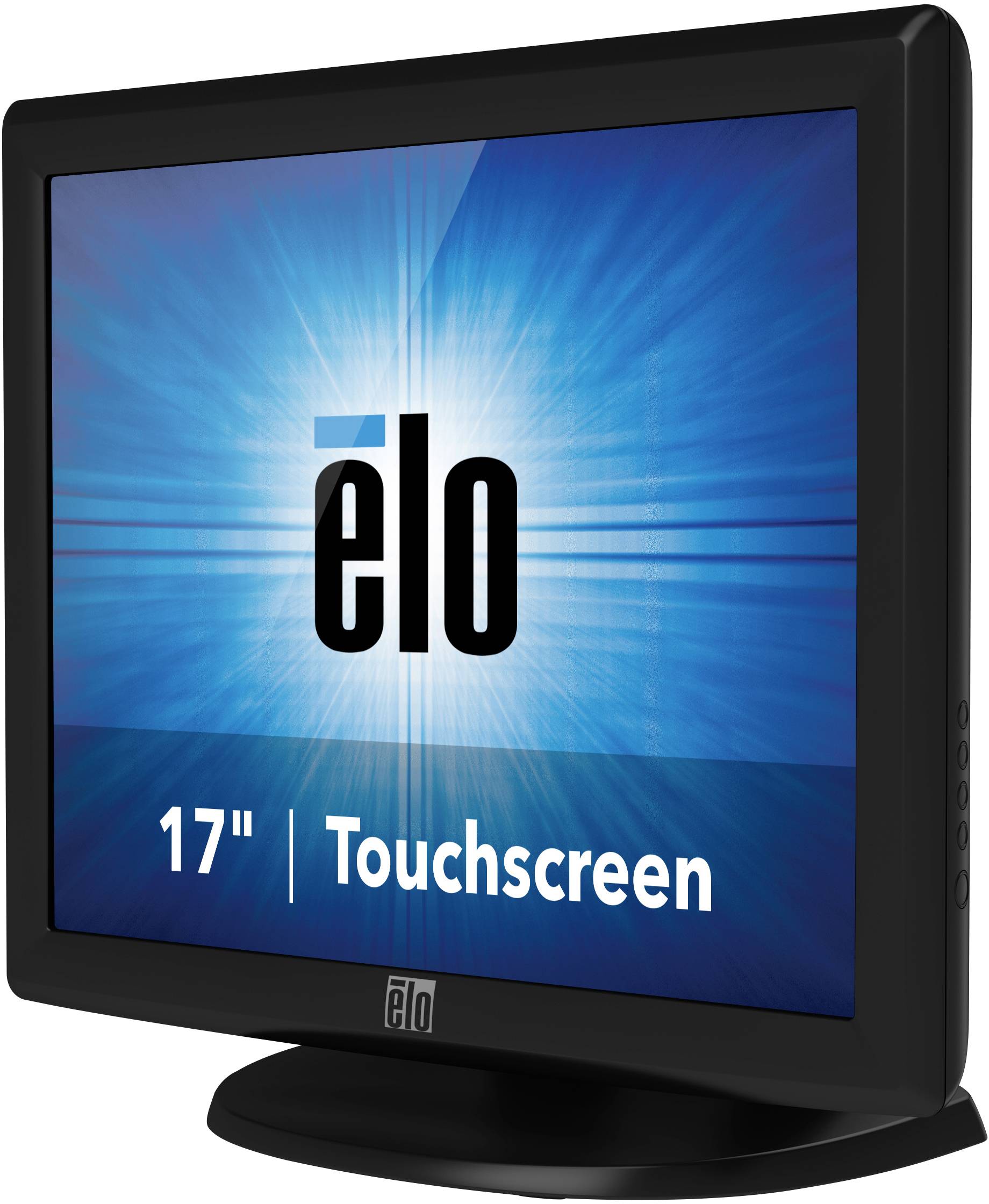 Een 17-inch touchscreen-monitor van Elo met een blauwe achtergrond toont het Elo-logo in het midden van het scherm.