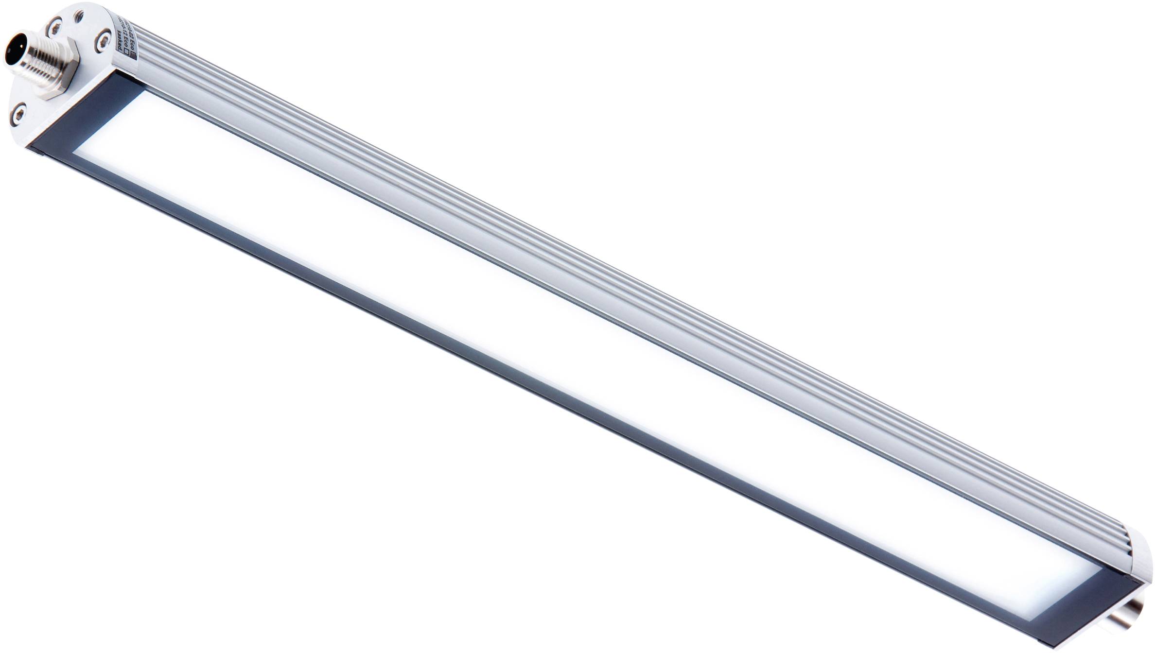 Een lange, smalle LED-armatuur met een slanke, zilveren omlijsting, geschikt voor industriële toepassingen of kantoorverlichting.