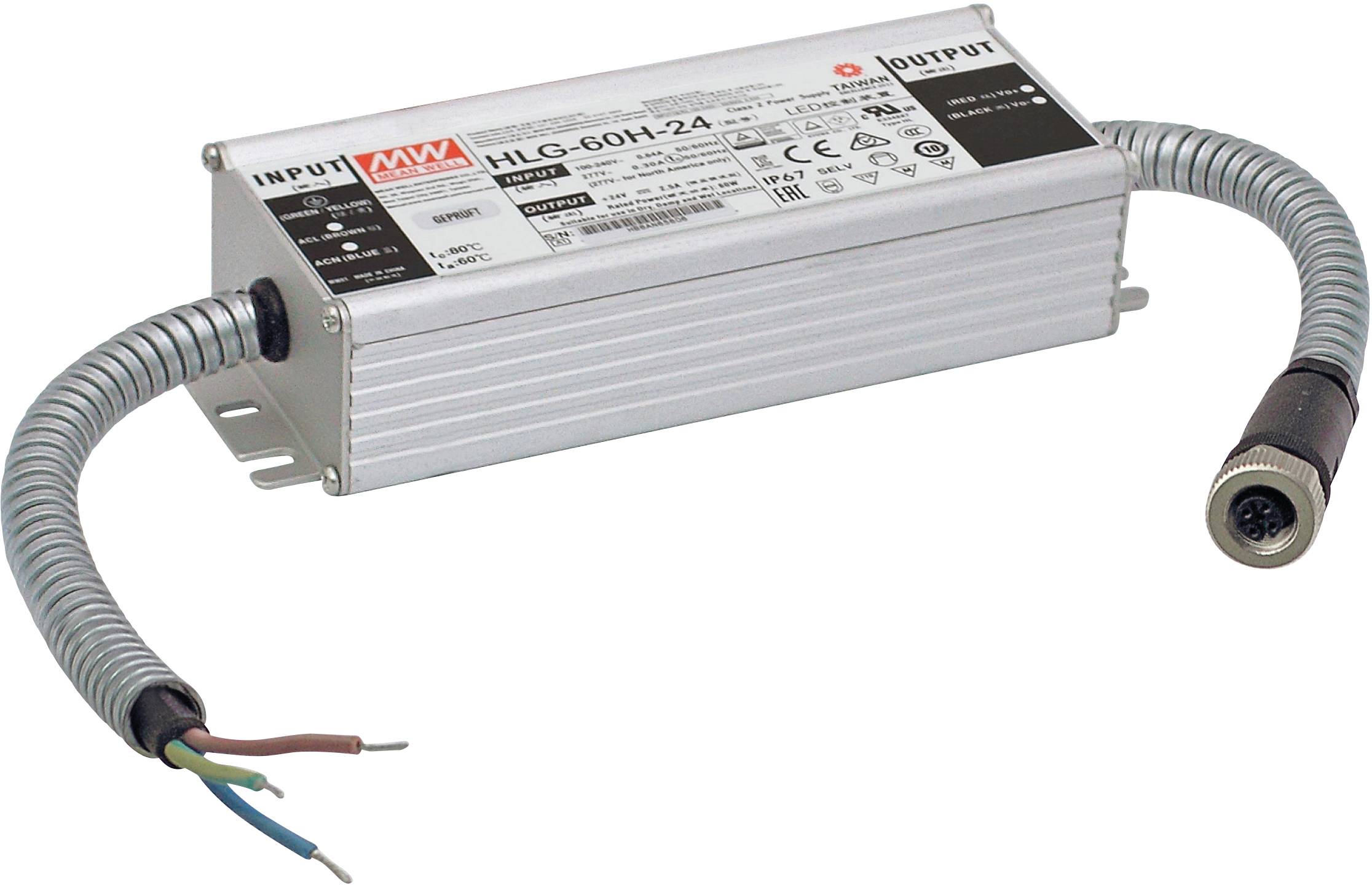 Metalen LED-voeding van 'Mean Well' met modelnummer 'HLG-60H-24'. Twee kabels met open uiteinden en een stekkerverbinding zijn zichtbaar.