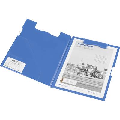 Een blauwe transparante map met een document erin waarop 'magnetoplan time to perform' staat. Links is een visitekaartje zichtbaar.