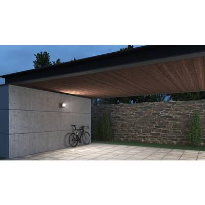 Moderne garage met houten plafond en verlichting, fiets leunend tegen betonnen muur, stenen muur op de achtergrond, omringd door bomen.