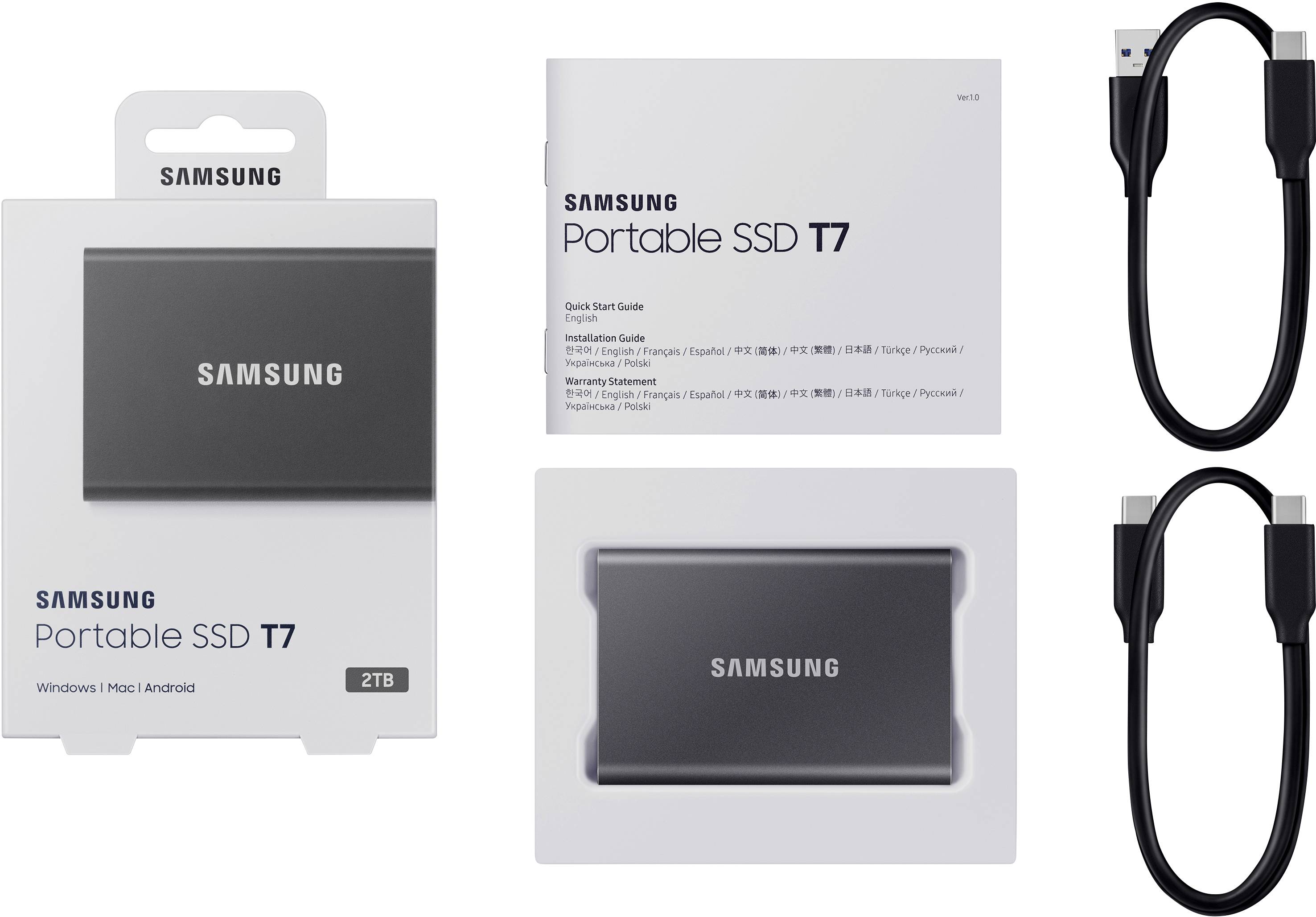 Samsung Portable SSD T7 2 TB in verpakking, twee USB-kabels en gebruikershandleiding. Compatibel met Windows, Mac en Android.