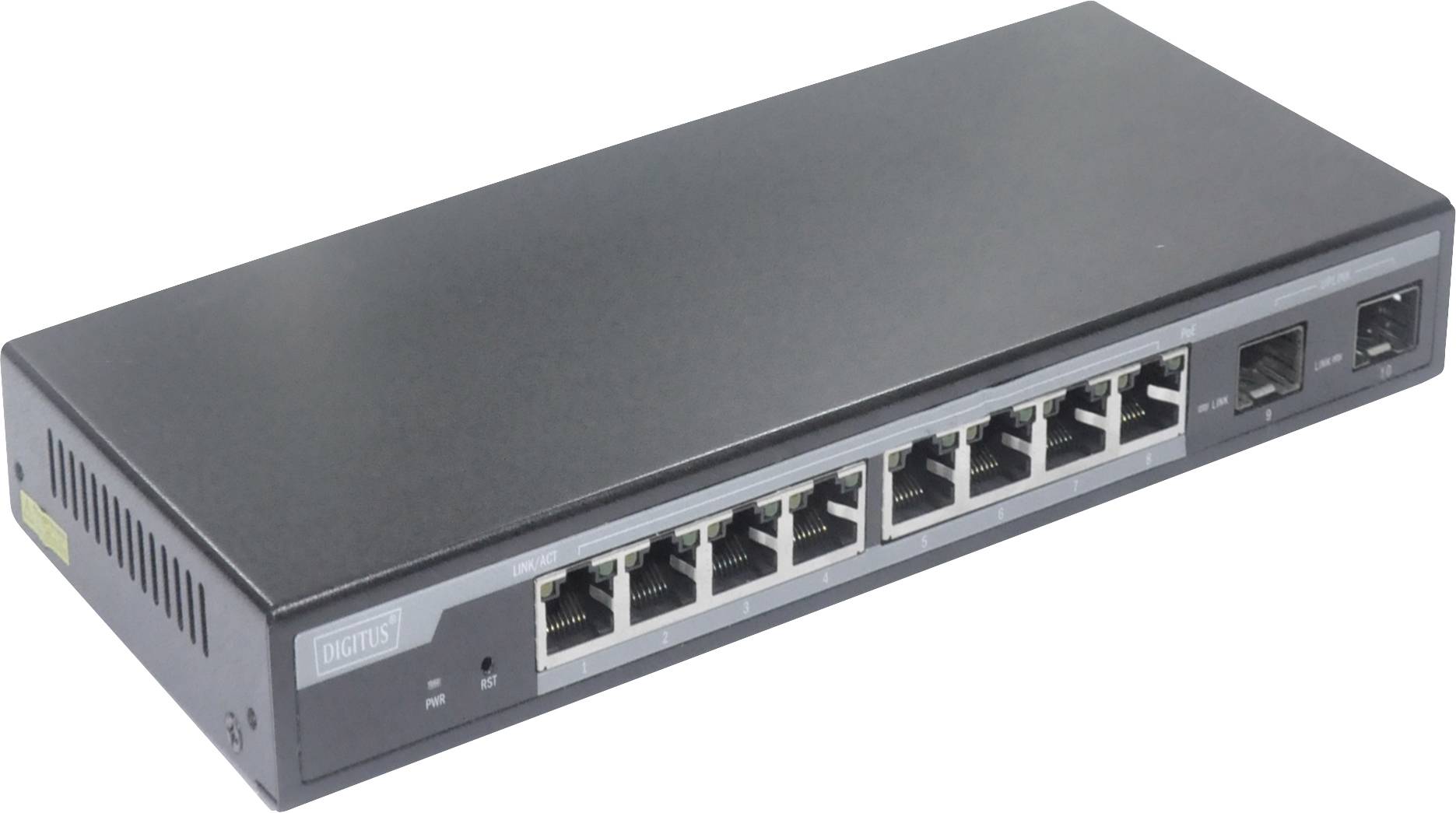 Een zwarte Ethernet-switch met acht LAN-poorten en twee glasvezelaansluitingen, geschikt voor netwerkverbindingen in kantooromgevingen.