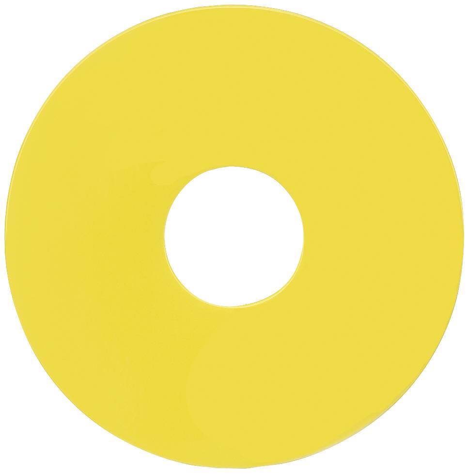 Ronde gele vorm met een centraal gat, lijkt op een donut of schijf. Gladde oppervlakte, eenvoudige geometrische weergave.