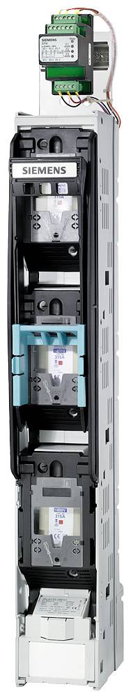Een verticale schakelkast van Siemens met meerdere schakelaars en een elektrische module bovenaan, geschikt voor industriële toepassingen.