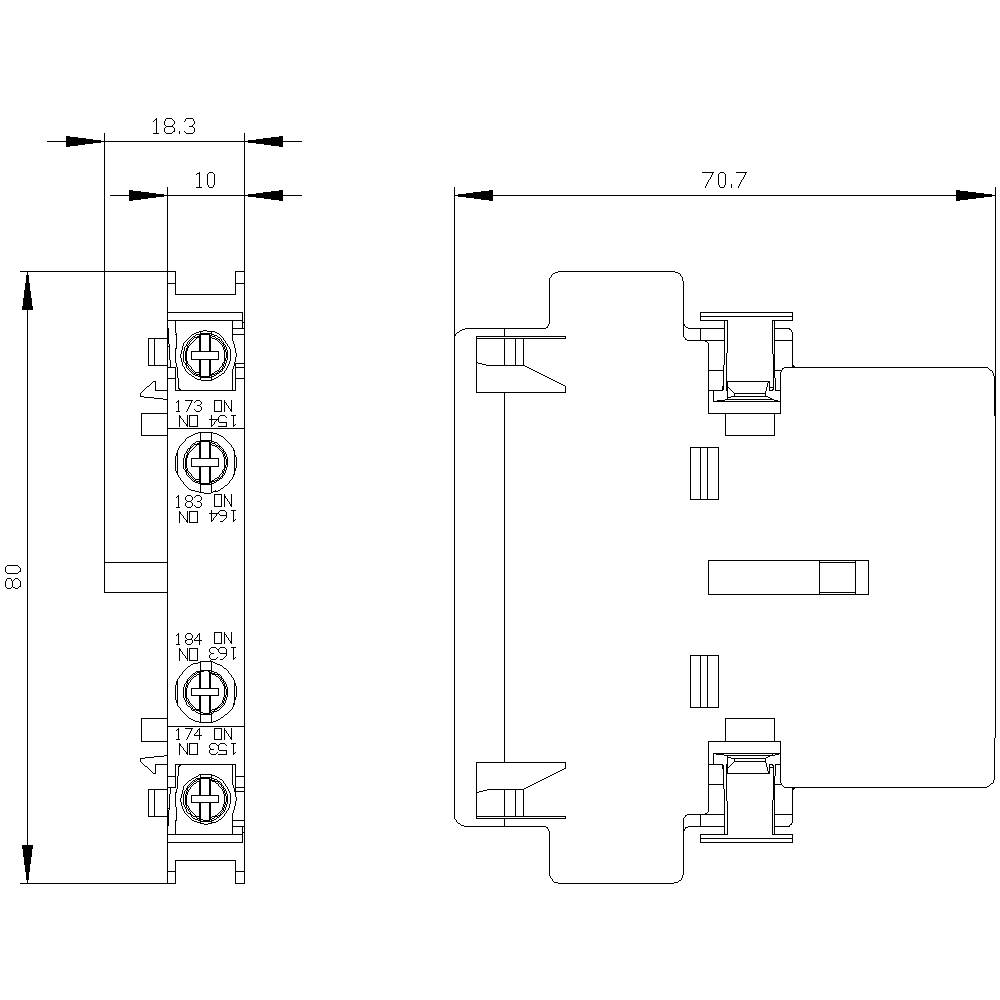 Technische tekening van een elektrische schakelaar met afmetingen: hoogte 80 mm, breedte 70,7 mm. Toont vooraanzicht en zijaanzicht rechts.