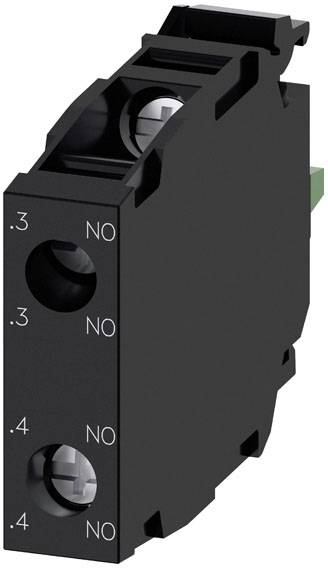 Zwarte elektrische relaisvoet met opgedrukte aanduidingen '.3 NO' en '.4 NO' aan de voorkant, met groene klem aan de zijkant.