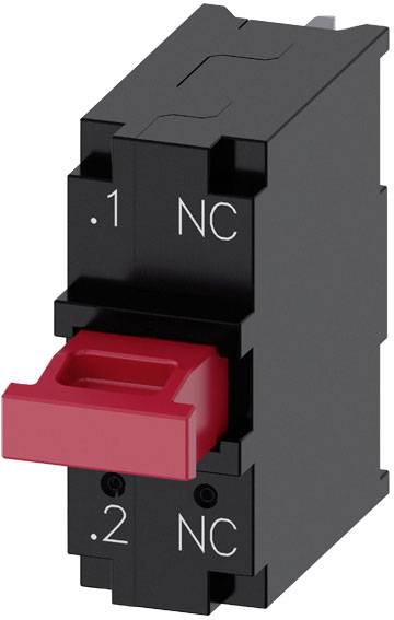 Een module voor elektrische schakelinstallaties met een rode kipschakelaar, gemarkeerd met '.1 NC' en '.2 NC' voor Normaal Gesloten.