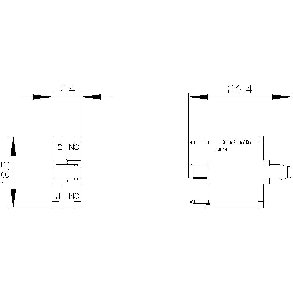 Technische tekening van een Siemens-relais, toont afmetingen: 18,5 mm hoog, 7,4 mm breed, 26,4 mm diep. Contacten 1-NC en 2-NC gemarkeerd.