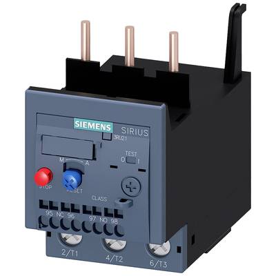 Een Siemens Sirius schakeltoestel met knoppen voor stoppen, terugzetten en testen. Toont aansluitingen voor elektrische schakelingen.