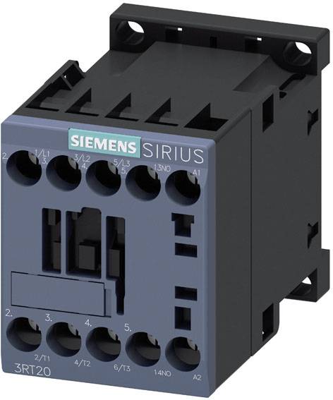 'Siemens Sirius 3RT20' magneetschakelaar, zwart behuizing met blauwe voorzijde, bevat meerdere aansluitklemmen voor het besturen van elektrische apparaten.