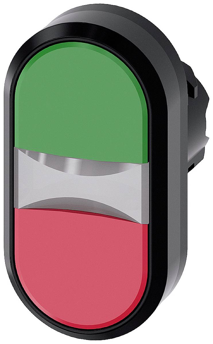 Een ovale drukschakelaar met een groen bovenste en een rood onderste gedeelte, gescheiden door een transparante, gewelfde lijn in het midden.