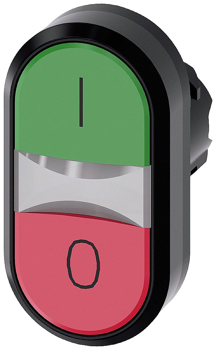 Een ovale tuimelschakelaar met twee standen: bovenaan groen met een 'I' en onderaan rood met een 'O', symboliseert aan/uit.