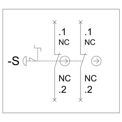 Schakelschema van een relais met twee normaal gesloten contacten, aangeduid als NC .1 en NC .2, en een spoel -S.