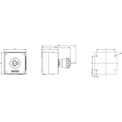 Driedelige technische tekening van een cilindrisch object met afmetingen. Vooraanzicht, zijaanzicht en bovenaanzicht. Maateenheid in millimeter.