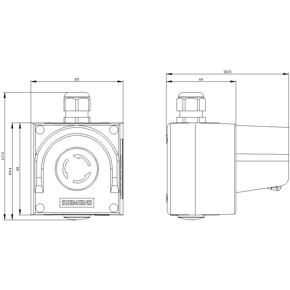 Een technische tekening toont twee aanzichten van een vierkeurig apparaat met afmetingen en markeringen voor montage. Links: vooraanzicht, rechts: zijaanzicht.