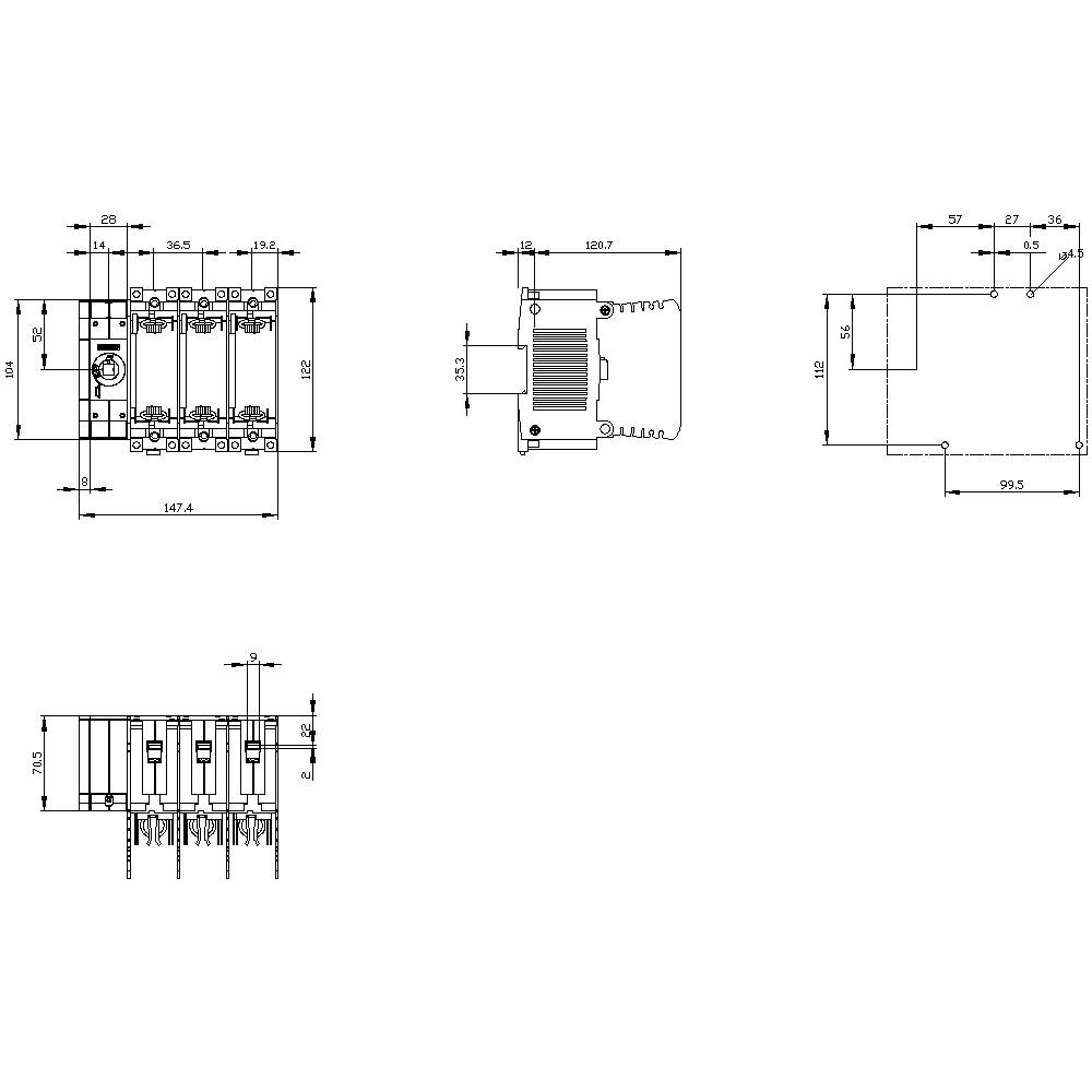 Technische tekening van een elektrische schakelaar met afmetingen in millimeters. Toont vooraanzicht, achterzijde en zijaanzicht.