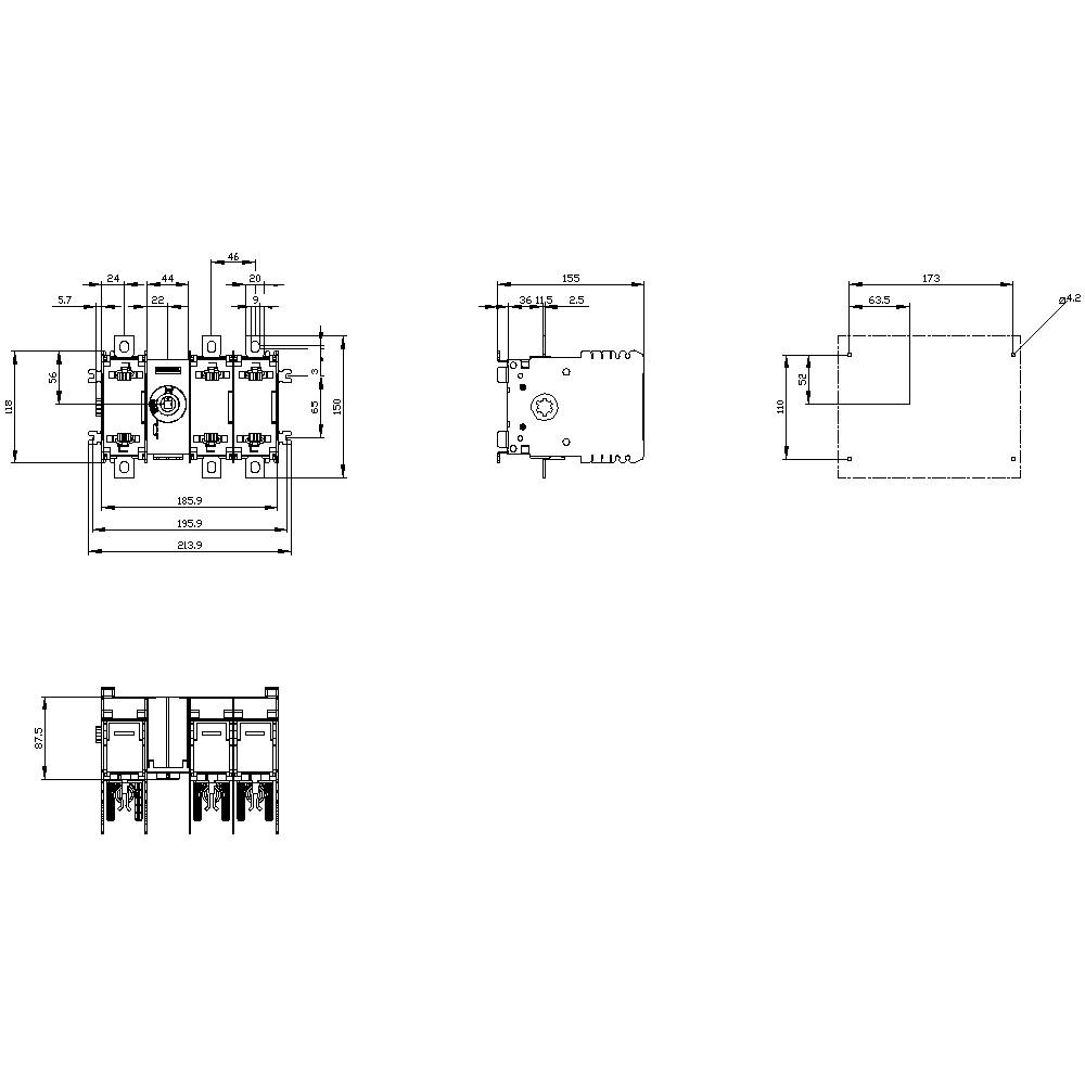 Technische tekening van een elektrisch apparaat met afmetingen en montagedetails; toont voor-, zij- en bovenaanzicht.