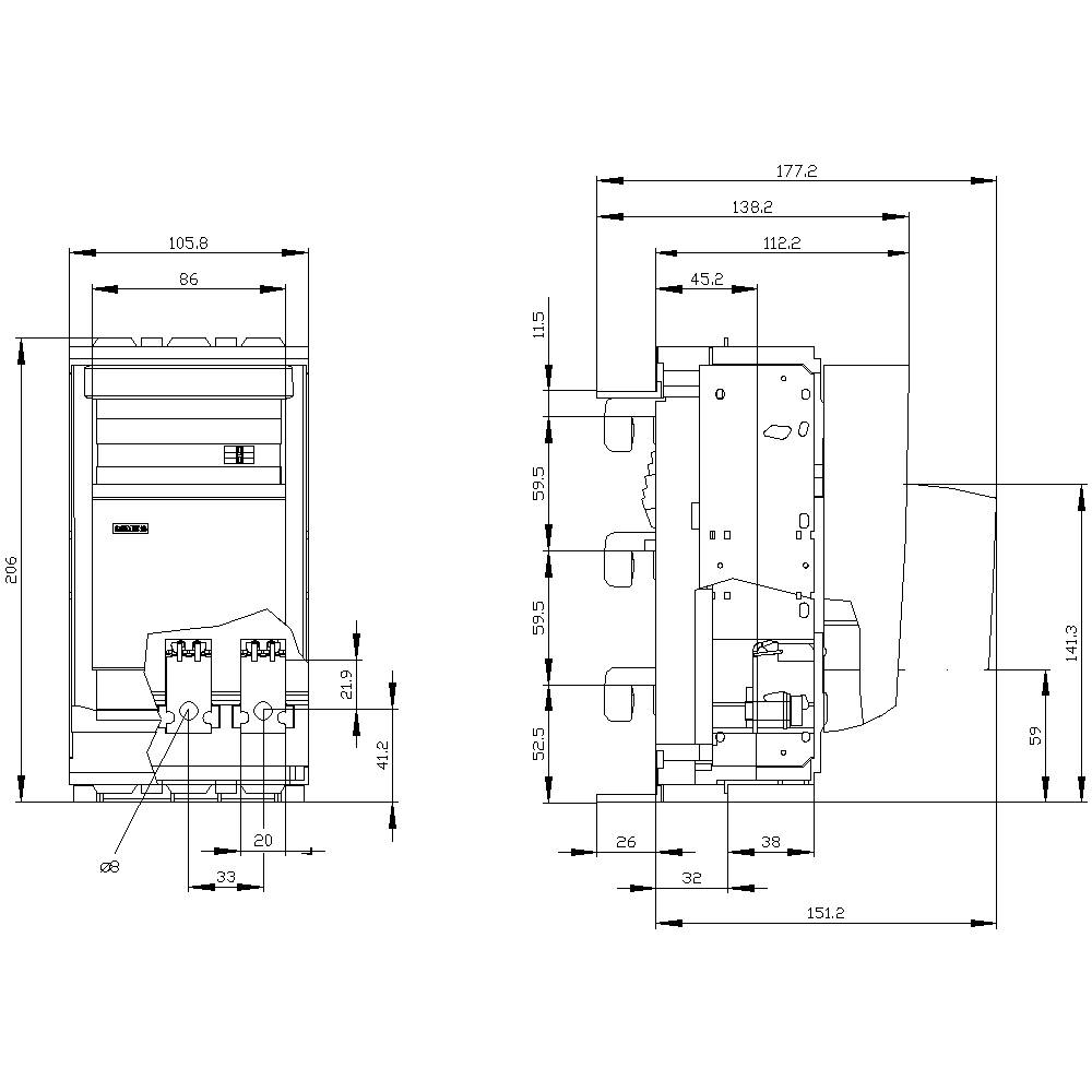 Technische tekening van een elektrisch apparaat met gedetailleerde afmetingen in millimeters, toont voor- en zijaanzicht.