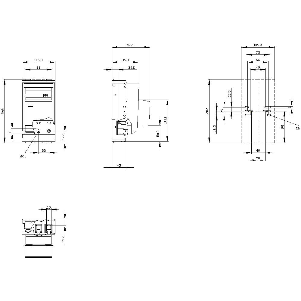 Technische tekening van een machine met voor-, zij- en bovenaanzicht. Maten en lijnen tonen nauwkeurige afmetingen en details.