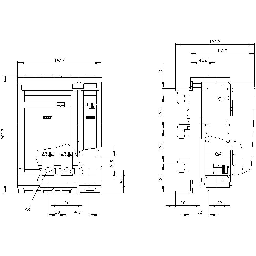 Technische tekening van een apparaat met gedetailleerde maatvoering in millimeters, met voor- en zijaanzicht.