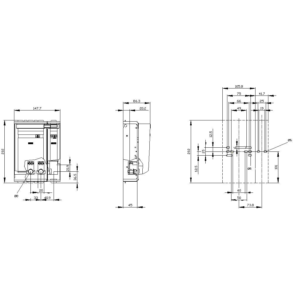 Technische tekening van een apparaat met voor-, zij- en bovenaanzicht. Gedetailleerde afmetingen zijn in millimeters weergegeven.