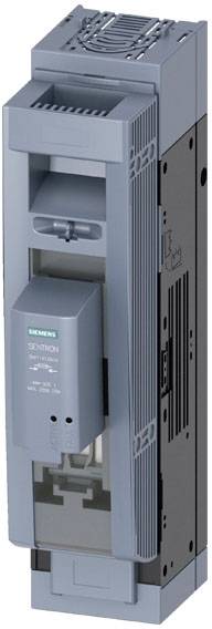 Grijze Siemens-beveiligingsschakelaar, verticaal aanzicht. Links het groene Siemens-logo, rechthoekige behuizing.