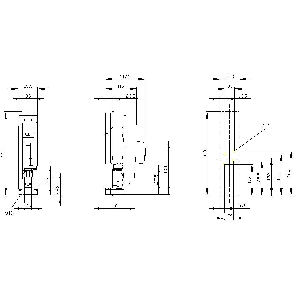 Technische tekening van een machine met meerdere aanzichten: vooraanzicht, zijaanzicht en bovenaanzicht. De afmetingen van de onderdelen zijn in millimeters aangegeven.