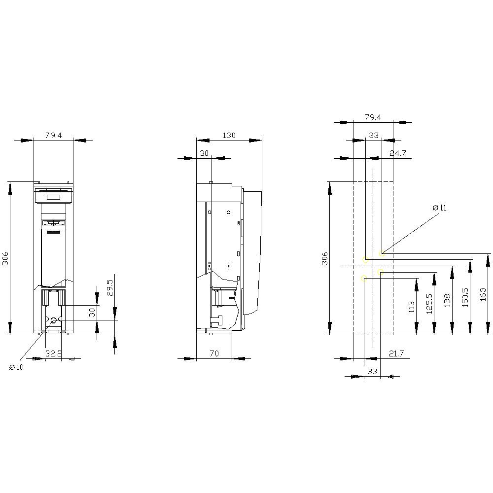 Technische tekening van een apparaat met voor-, zij- en bovenaanzicht. Gedetailleerde afmetingen zijn in millimeters aangegeven.