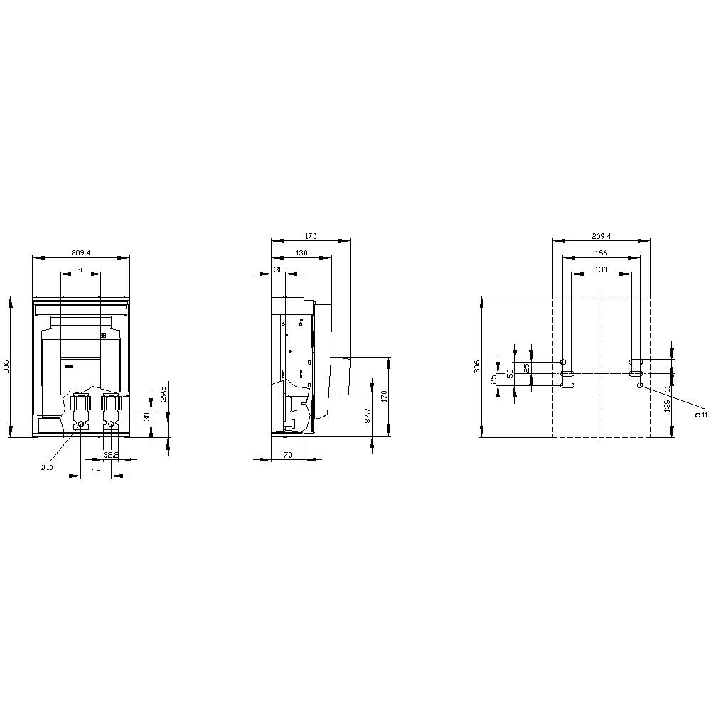 Technische tekening van een elektrische schakelaar met afmetingen: breedte 209,4 mm, hoogte 320 mm, diepte 89 mm. Zij- en achteraanzicht weergegeven.