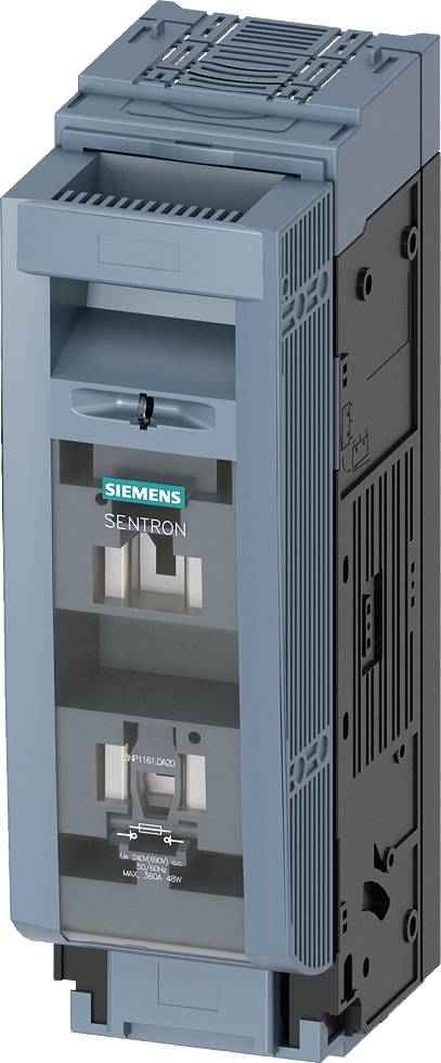 Een lichtblauwe Siemens SENTRON vermogensschakelaar met een donkergrijze voet en een bedieningshendel in het midden.