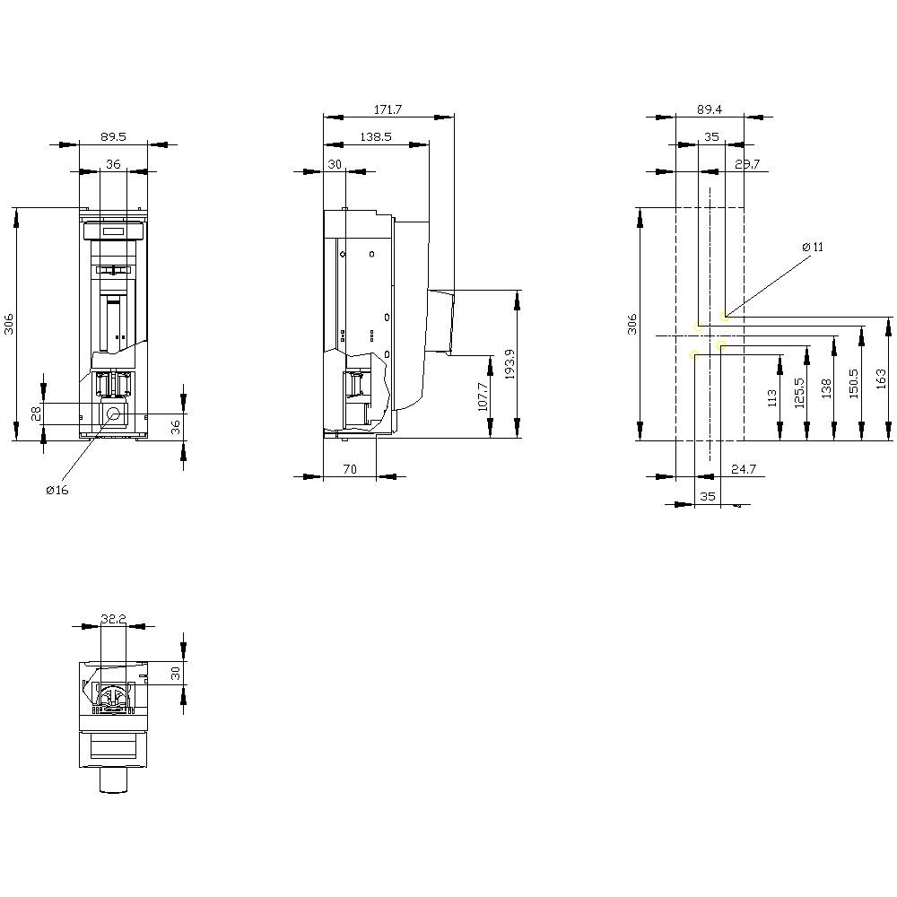 Technische tekening van vier aanzichten van een onderdeel met nauwkeurige afmetingen in millimeters. Bevat breedtes, hoogtes en dieptes.