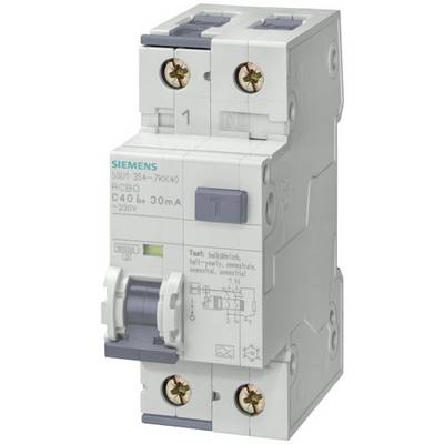 Een witte Siemens RCBO-veiligheidsschakelaar met het opschrift 'C40, 30mA, 230V', toont stroomverbruik en beschermingsfuncties.