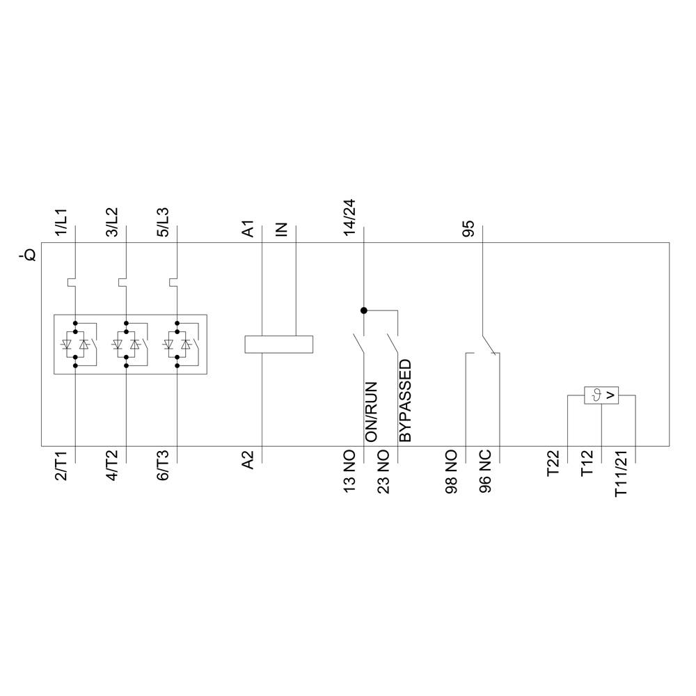 'Stroomschema voor een elektromotor: Toont schakeling met aansluitaanduidingen, schakelaars en statusweergaven van RUN en BYPASSED.'