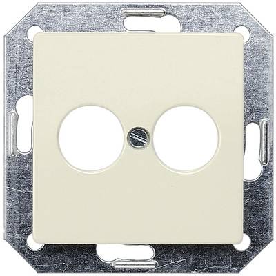 Beige stopcontactafdekking met twee ronde openingen, gemonteerd op een metalen dragerframe.