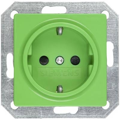 Groene Siemens-stopcontact in een metalen framehouder.