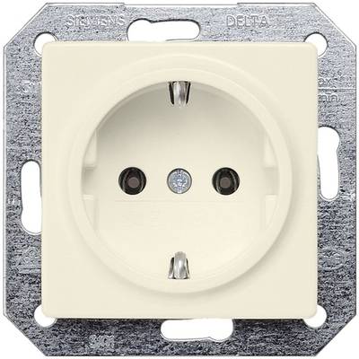 Stopcontact in een metalen frame, waarschijnlijk bedoeld voor inbouw in een muur.