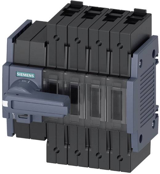 'Vermogensschakelaar van Siemens met vijf zwarte schakelaars en een blauwe hefboom. Standaardapparaat voor elektrische beveiliging.'