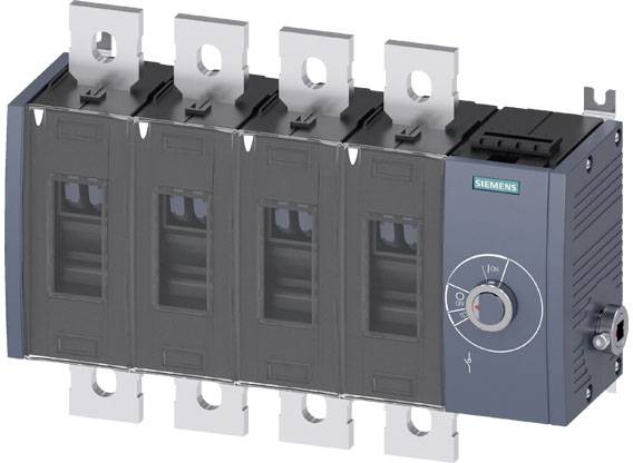 Een vierpolige vermogensschakelaar van Siemens met een tuimelschakelaar voor de besturing van elektrische stroomkringen.
