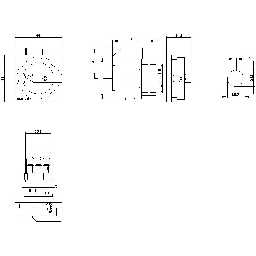 Technische tekening van een schakelaar met maatvoering. Toont vooraanzicht, zijaanzicht en bovenaanzicht met exacte afmetingen.