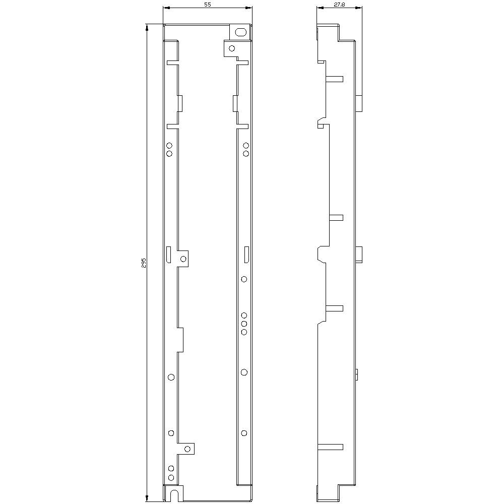 Technische tekening van een rechthoekig onderdeel met afmetingen: breedte 55 mm, diepte 27,8 mm. Toont voor- en zijaanzicht.