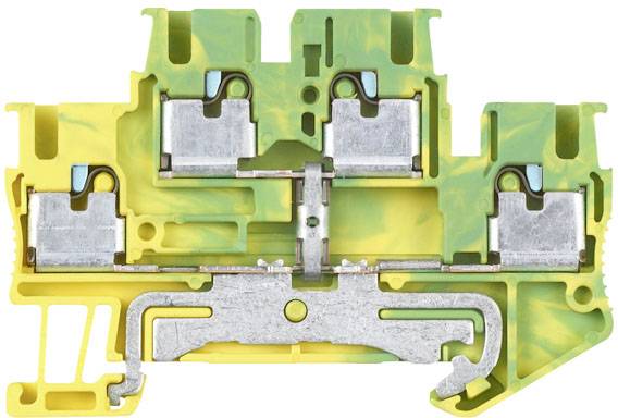 Doorsnede van een geel-groene rijgklemmenstrook met metalen geleidingsrails in het midden. Illustreert de interne structuur en aansluitpunten.