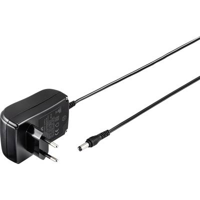 Een zwarte voeding met twee ronde stekkers en een lang snoer. Het is bedoeld voor de stroomvoorziening van elektronische apparaten.